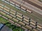 Aerial view on cargo wagons on train station in city