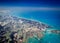 Aerial view of Caribbean Bahamas islands rising in a turquoise sea