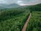aerial view of carpathian mountains overcast weather suv car on trail road