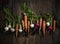 Aerial view of carrots and beets on wooden table