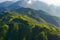 Aerial view of cars driving on curved, zigzag road or street on mountain hill with green natural forest trees in Kowloon City,