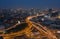 Aerial view of cars driving on highway junctions. Bridge street roads in connection network of architecture concept. Top view.