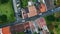 Aerial view cars riding on rural road summer day. Asphalt roadway green terrain