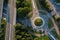 Aerial view of cars on a roundabout and intersecting roads