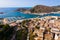 Aerial view of Cartagena port city with buildings and coast line, Murcia