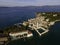 Aerial view of Castello Scaligero Scaligero Castle, an ancient fortress along Sirmione coastal, Lombardy, italy