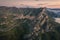 Aerial view of Castelmezzano village at sunrise in Apennines Dolomiti Lucane, Basilicata, Italy