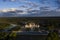 Aerial view of the castle of Chambord with its new french gardens during the sunset