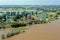 Aerial view from castle Loevestein in a flooded landscape in the Netherlands