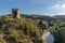 Aerial view castle ruin and village Esch-sur-Sure in Luxembourg