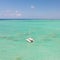 Aerial view of Catamaran boat sailing in turquoise lagoon of Ile aux Cerfs Island lagoon in Mauritius.