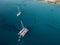 Aerial view of a catamaran and boats close the shores of Lanzarote, Spain