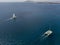 Aerial view of a catamaran crossing the ocean waters. Lanzarote, Canaries, Spain