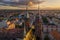 Aerial view of the Cathedral of St. Peter and Paul the Apostles and old town buildings at sunset