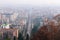 Aerial view on central street of foggy Bergamo town, Italy