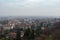 Aerial view on central street of foggy Bergamo town, Italy