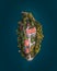 Aerial view of Cerkev Marijinega, a Catholic Church on a small island in the middle of Bled Lake at sunrise, Upper Carniola,