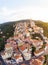 Aerial view Cervo medieval town on the mediterranean coast, Liguria riviera, Italy, with the beautiful baroque church and tower be