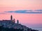 Aerial view Cervo medieval town on the mediterranean coast, Liguria riviera, Italy, with the beautiful baroque church and tower be