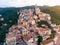 Aerial view Cervo medieval town on the mediterranean coast, Liguria riviera, Italy, with the beautiful baroque church and tower be