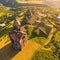 Aerial view of the chapel and bell tower stand alone on the territory of the Haghpat Monastery in Armenia. Sightseeing and