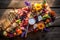 aerial view of a charcuterie board on a wooden picnic table