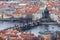 Aerial view of  Charles Bridge over Vltava river and cityscape of Prague, Czech Republic