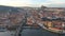 Aerial view of Charles Bridge and Prague Castle at sunset light in desember in Prague, Czech Republic