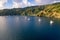 Aerial view of Charlotteville village with fishing boats and yachts, Trinidad and Tobago