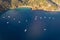 Aerial view of Charlotteville village with fishing boats and yachts, Trinidad and Tobago