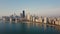 Aerial view of the Chicago, USA on the shore of the lake Michigan in the down. Boat riding near the downtown.