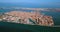 Aerial view of Chioggia and Sottomarina and the sea on the horizon