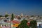 Aerial view of Cholula city with Convent of San Gabriel at background, Mexico.