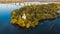 Aerial view of Christian Church on Monastic island on Dnieper ri