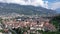 Aerial view of Chur townscape overlooking reformed church of St. Martin and Catholic Cathedral on summer day, canton of