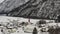 Aerial view of a church in austria with snow