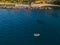 Aerial view of the church of Piedigrotta and the beach. Pizzo Calabro, Calabria. Italy. A boat in the sea