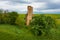 Aerial view about church ruins in the middle of an agricultural field