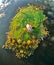 Aerial view of Church of St. Linhart in South Moravia on the island in stunning evening HDR