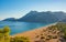 Aerial view of Cirali Beach from ancient Olympos ruins, Antalya Turkey