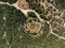 Aerial view of circular cemetery historic landmark near Novi Vinodolski, Croatia