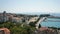 Aerial view of the city from the bell tower, port with boats, beautiful cityscape, sunny day, Split, Croatia