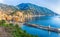 Aerial view of city of Camogli , Genoa Province, Liguria, Mediterranean coast, Italy