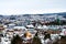 Aerial view of the city center in winter in Trondheim, Norway with heavy snow