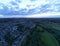 Aerial view of the city with a cloudy sky in the background, Warrington, Cheshire, United Kingdom