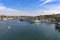 Aerial view of the city landscape of Sevastopol with a view of the Bay and warships