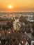 Aerial view of the city Luebeck, Germany, at sunset