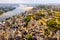 Aerial view of the city of Saumur and medieval castle Saumur on the banks of the Loire river