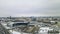 Aerial view of city transport hub railway and bus station. Aerial Central railroad station yard area in Minsk in winter