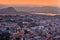 Aerial view of city in twilight, at Vijayawada, India